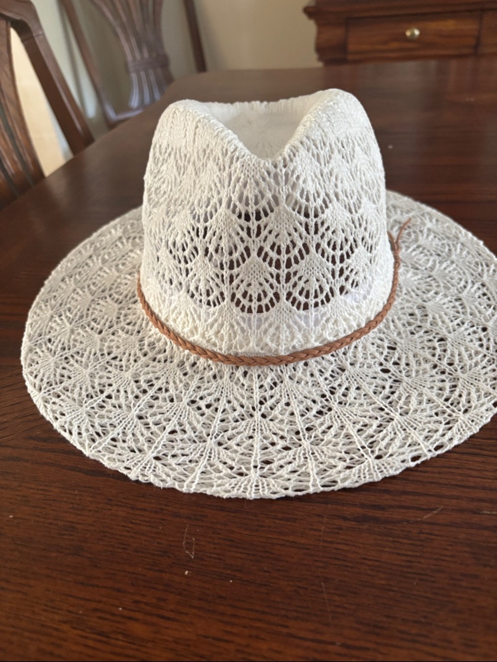 Horseshoe Lace Knit Panama Hat with Sude Cord -White